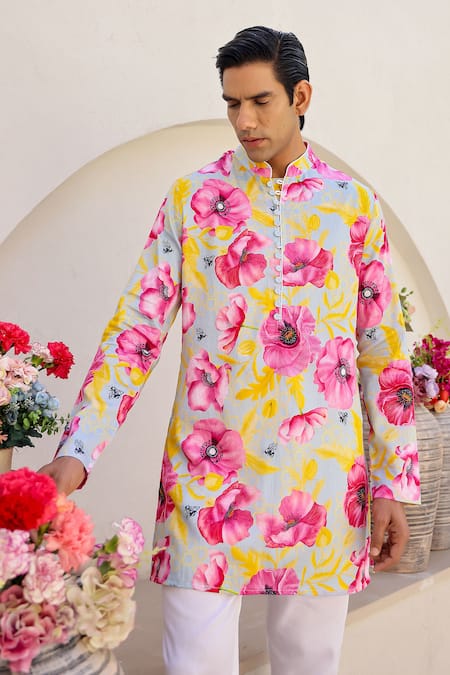 Buy_Chrkha_Blue Satin, Embroidery Floral Print Short Kurta Pant Set _Online_at_Aza_Fashions