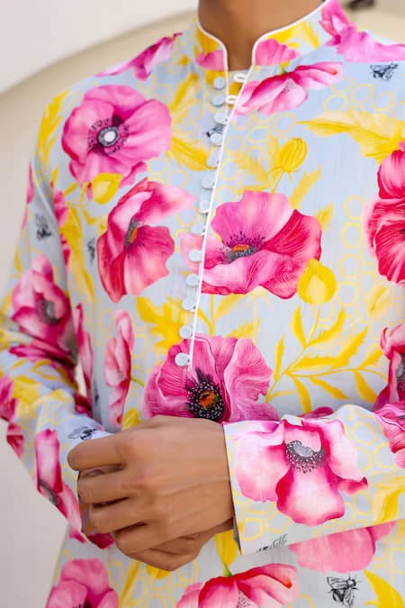 Shop_Chrkha_Blue Satin, Embroidery Floral Print Short Kurta Pant Set _Online_at_Aza_Fashions