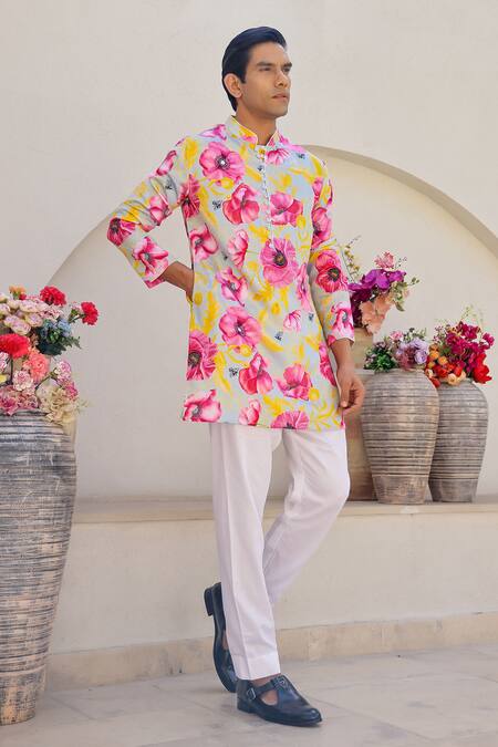 Chrkha_Blue Satin, Embroidery Floral Print Short Kurta Pant Set _at_Aza_Fashions