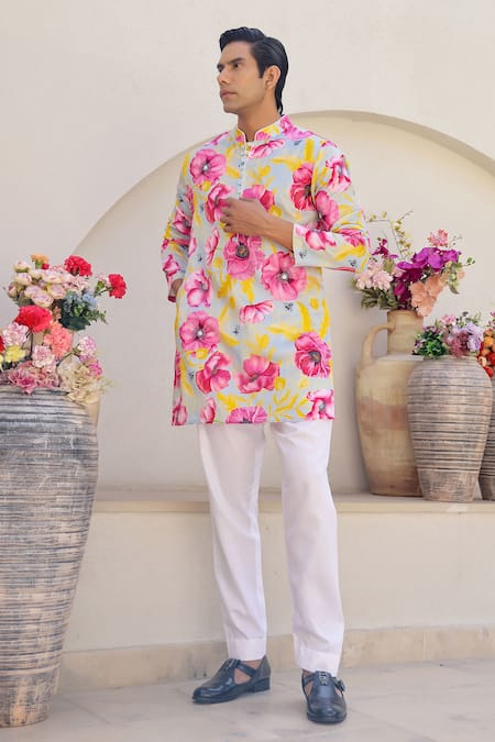 Buy_Chrkha_Blue Satin, Embroidery Floral Print Short Kurta Pant Set 