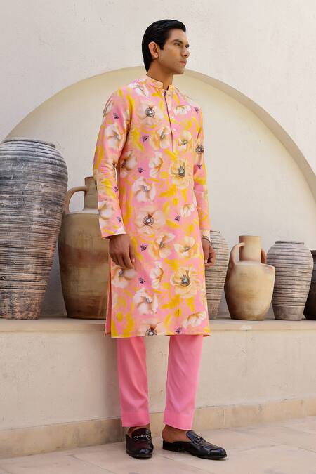 Chrkha_Pink Cotton Satin, Chanderi Silk, Contrast Floral Print Straight Kurta Pant Set _Online_at_Aza_Fashions