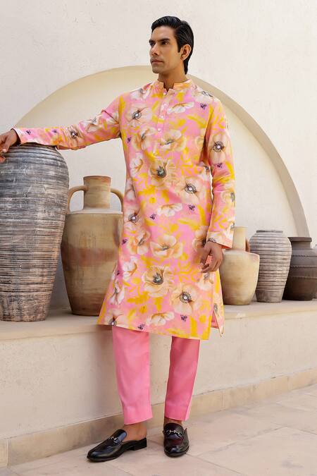 Shop_Chrkha_Pink Cotton Satin, Chanderi Silk, Contrast Floral Print Straight Kurta Pant Set _Online_at_Aza_Fashions