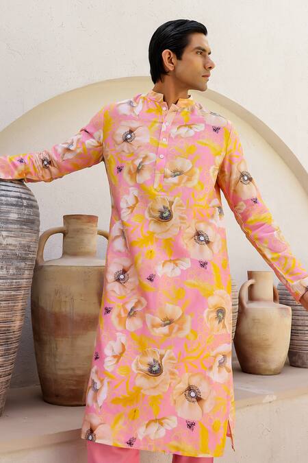 Chrkha_Pink Cotton Satin, Chanderi Silk, Contrast Floral Print Straight Kurta Pant Set _at_Aza_Fashions