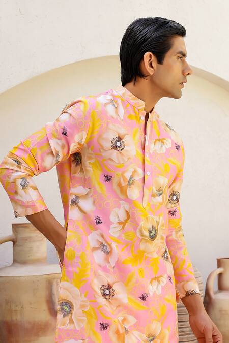 Buy_Chrkha_Pink Cotton Satin, Chanderi Silk, Contrast Floral Print Straight Kurta Pant Set 