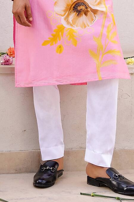 Chrkha_Pink Cotton Satin, Chanderi Floral Placement Print Straight Kurta With Pant _Online_at_Aza_Fashions