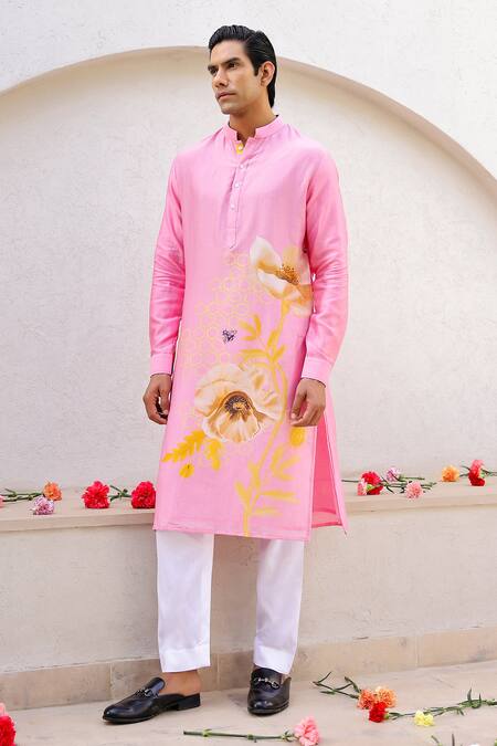 Buy_Chrkha_Pink Cotton Satin, Chanderi Floral Placement Print Straight Kurta With Pant _Online_at_Aza_Fashions