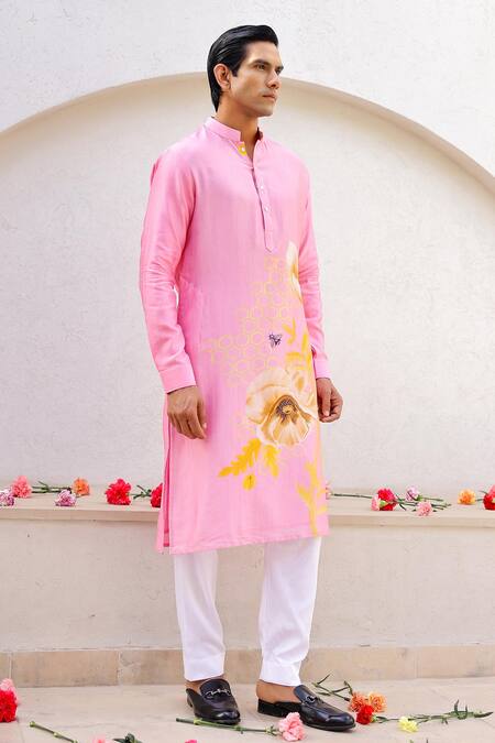 Shop_Chrkha_Pink Cotton Satin, Chanderi Floral Placement Print Straight Kurta With Pant _Online_at_Aza_Fashions