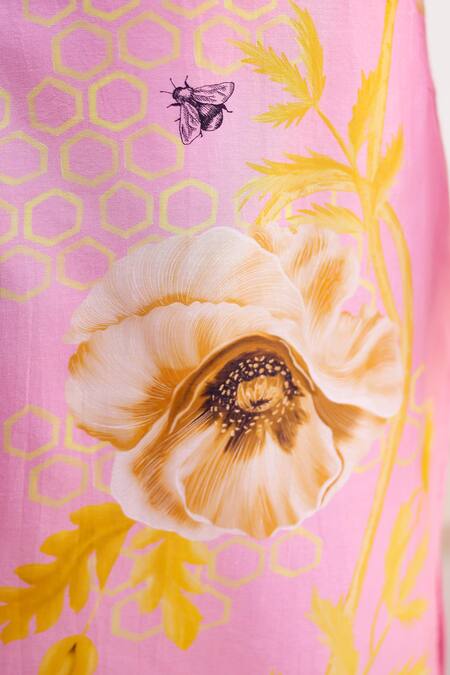 Chrkha_Pink Cotton Satin, Chanderi Floral Placement Print Straight Kurta With Pant _at_Aza_Fashions