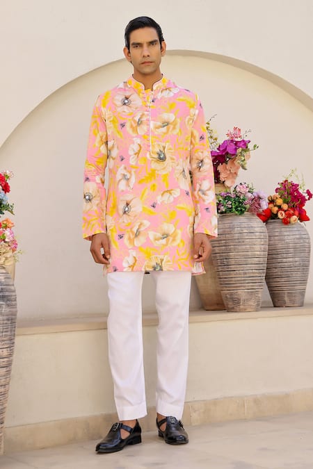 Chrkha_Pink Satin, Embroidery Floral Print Short Kurta And Pant Set _Online_at_Aza_Fashions