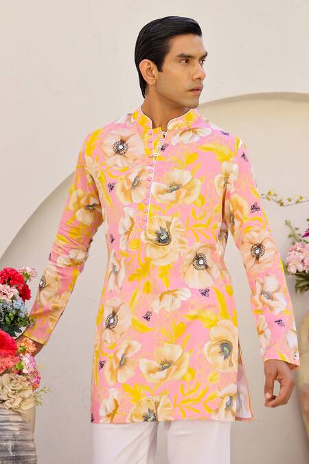 Buy_Chrkha_Pink Satin, Embroidery Floral Print Short Kurta And Pant Set _Online_at_Aza_Fashions