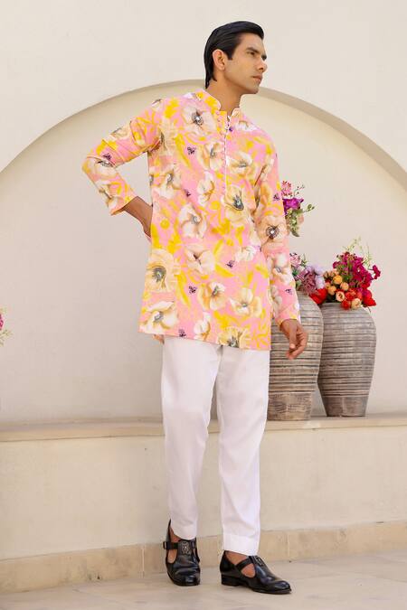 Shop_Chrkha_Pink Satin, Embroidery Floral Print Short Kurta And Pant Set _Online_at_Aza_Fashions