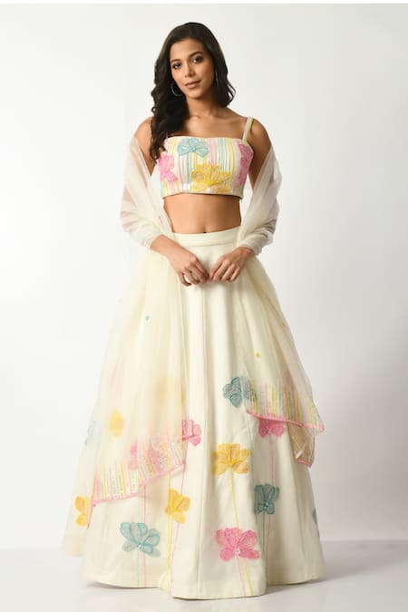 Salt and Spring Off White Crepe Embroidered Sequin Straight Flower Lehenga Blouse Set 