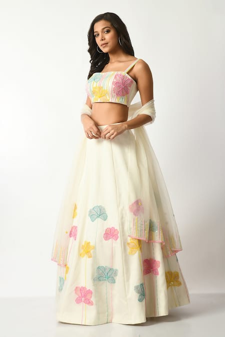 Salt And Spring Off White Crepe, Polyester, Chiffon Sequins, Beads, Flower Lehenga Blouse Set Online at Aza Fashions Salt And Spring_Off White Crepe, Polyester, Chiffon Sequins, Beads, Flower Lehenga Blouse Set _Online_at_Aza_Fashions