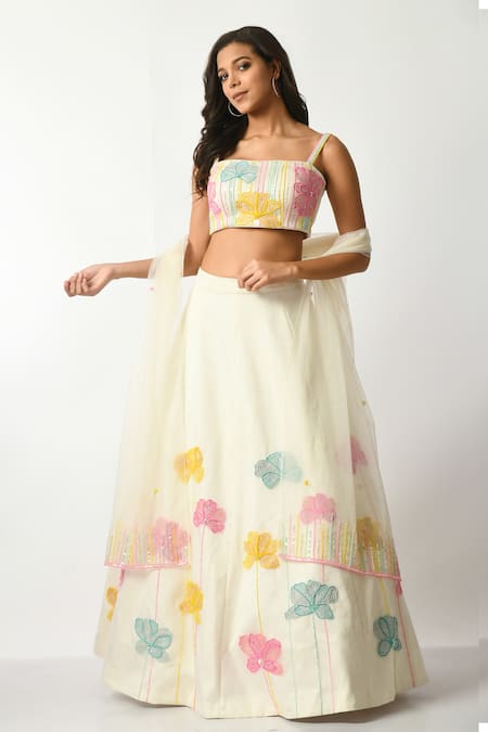 Salt And Spring Off White Crepe, Polyester, Chiffon Sequins, Beads, Flower Lehenga Blouse Set at Aza Fashions Salt And Spring_Off White Crepe, Polyester, Chiffon Sequins, Beads, Flower Lehenga Blouse Set _at_Aza_Fashions
