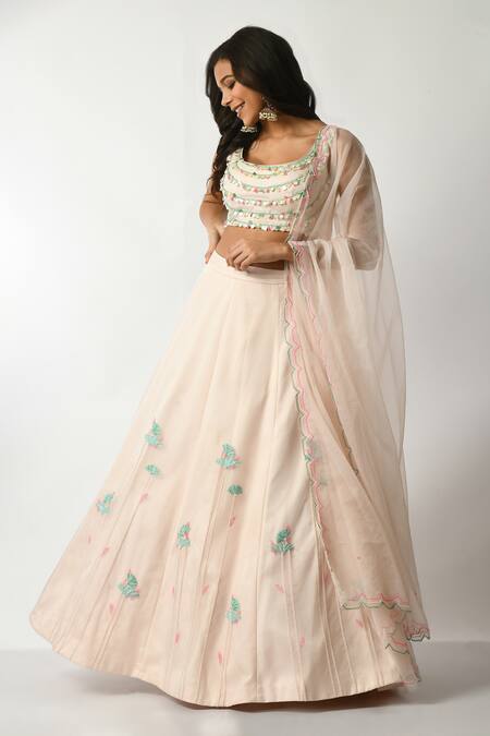 Buy_Salt And Spring_Pink Crepe, Polyester, Chiffon Beads, Sequins, Flower Embroidered Lehenga Set _Online_at_Aza_Fashions