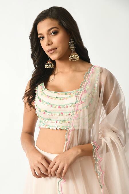 Salt And Spring_Pink Crepe, Polyester, Chiffon Beads, Sequins, Flower Embroidered Lehenga Set _at_Aza_Fashions