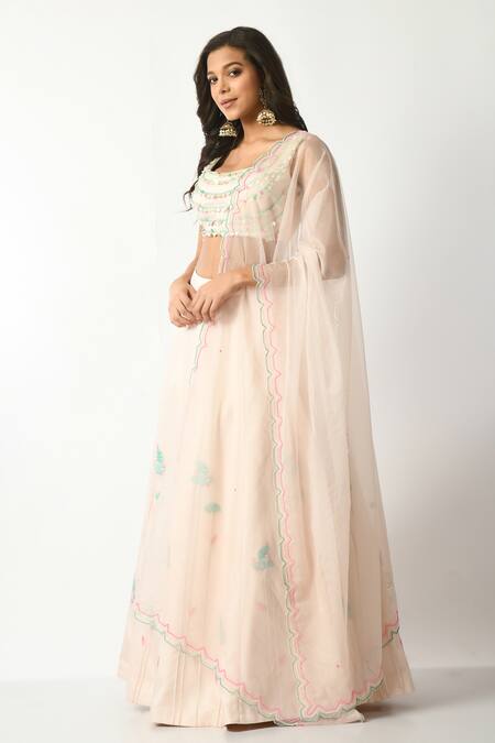 Buy_Salt And Spring_Pink Crepe, Polyester, Chiffon Beads, Sequins, Flower Embroidered Lehenga Set 
