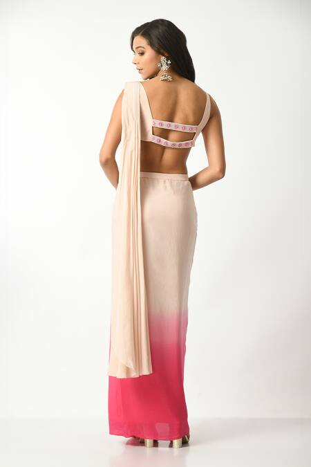Shop_Salt And Spring_Fuchsia Crepe, Polyester Sequins, Beads Embellished Ombre Pre-draped Saree Set _at_Aza_Fashions