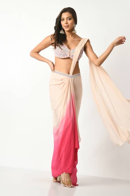 Salt And Spring_Fuchsia Crepe, Polyester Sequins, Beads Embellished Ombre Pre-draped Saree Set _Online_at_Aza_Fashions