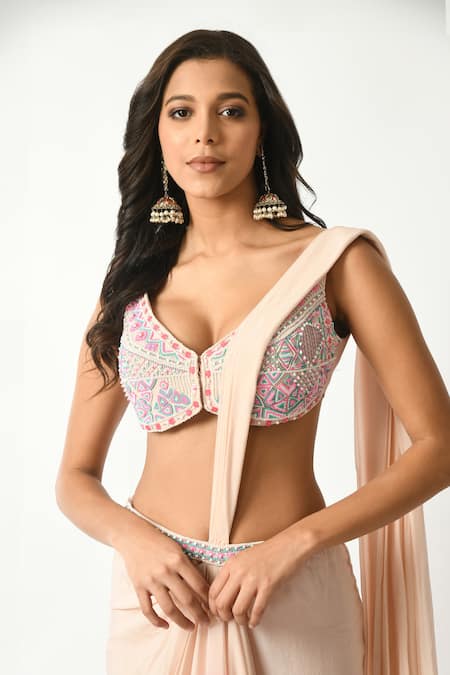 Buy_Salt And Spring_Fuchsia Crepe, Polyester Sequins, Beads Embellished Ombre Pre-draped Saree Set _Online_at_Aza_Fashions