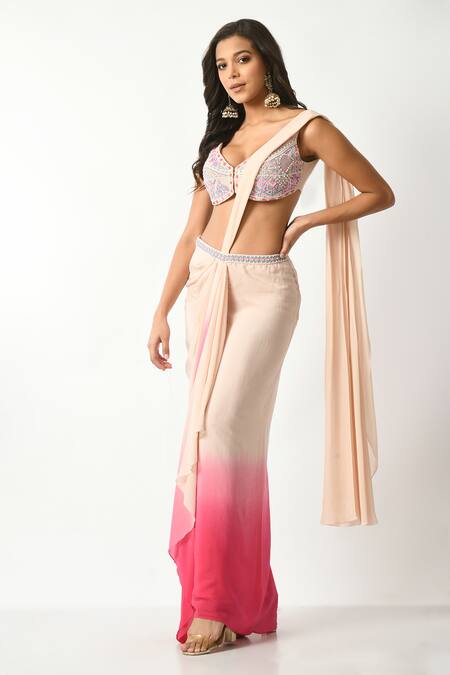 Shop_Salt And Spring_Fuchsia Crepe, Polyester Sequins, Beads Embellished Ombre Pre-draped Saree Set _Online_at_Aza_Fashions