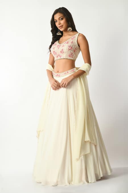 Buy Salt And Spring Off White Crepe, Polyester Embroidery, Sequins, Beads Floral Lehenga Set Online at Aza Fashions Buy_Salt And Spring_Off White Crepe, Polyester Embroidery, Sequins, Beads Floral Lehenga Set _Online_at_Aza_Fashions