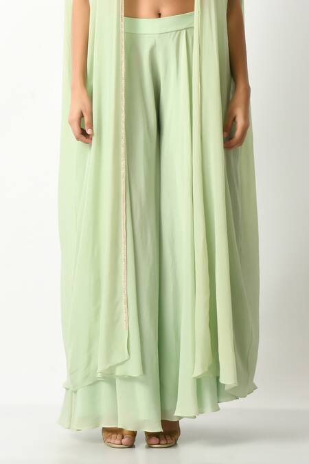 Buy_Salt And Spring_Green Crepe, Polyester Pearls, Beads, Geometric Embroidered Blouse Pant Set _Online_at_Aza_Fashions