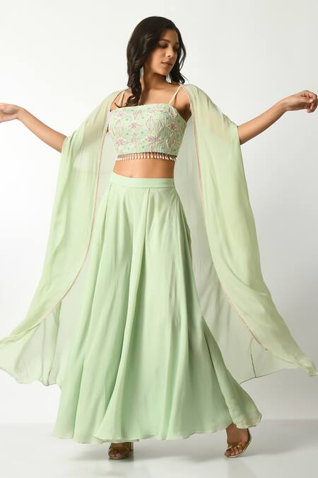 Shop_Salt And Spring_Green Crepe, Polyester Pearls, Beads, Geometric Embroidered Blouse Pant Set _Online_at_Aza_Fashions