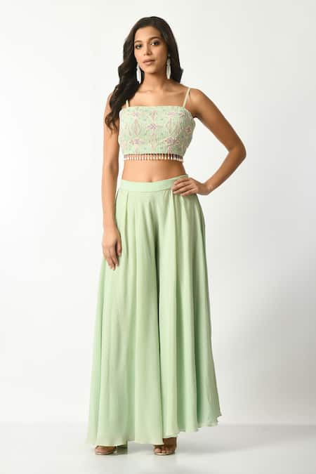 Buy_Salt And Spring_Green Crepe, Polyester Pearls, Beads, Geometric Embroidered Blouse Pant Set 
