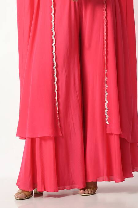 Salt And Spring_Pink Crepe, Polyester Sequins, Beads Plunge Floral Embroidered Blouse Pant Set _Online_at_Aza_Fashions