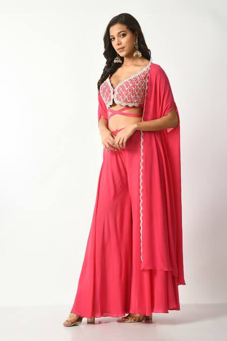 Buy_Salt And Spring_Pink Crepe, Polyester Sequins, Beads Plunge Floral Embroidered Blouse Pant Set _Online_at_Aza_Fashions