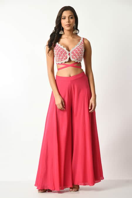 Salt And Spring_Pink Crepe, Polyester Sequins, Beads Plunge Floral Embroidered Blouse Pant Set _at_Aza_Fashions