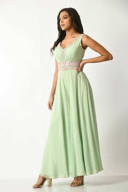 Salt And Spring Green Crepe, Polyester Embroidery, Sequins, Beads V-neck Floral Flared Jumpsuit Online at Aza Fashions Salt And Spring_Green Crepe, Polyester Embroidery, Sequins, Beads V-neck Floral Flared Jumpsuit _Online_at_Aza_Fashions