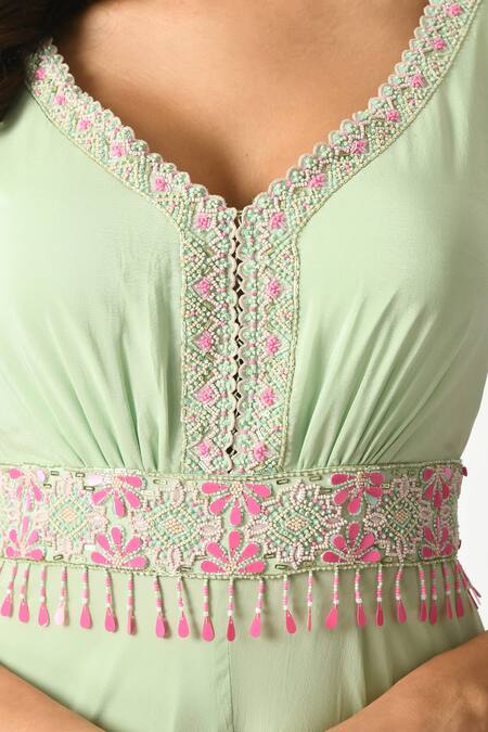 Buy Salt And Spring Green Crepe, Polyester Embroidery, Sequins, Beads V-neck Floral Flared Jumpsuit Online at Aza Fashions Buy_Salt And Spring_Green Crepe, Polyester Embroidery, Sequins, Beads V-neck Floral Flared Jumpsuit _Online_at_Aza_Fashions