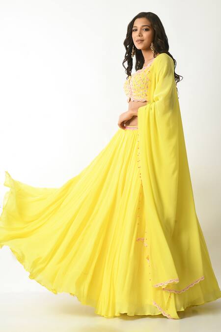 Salt And Spring_Yellow Crepe, Polyester Sequins, Embroidery Embellished Blouse Lehenga Set _Online_at_Aza_Fashions