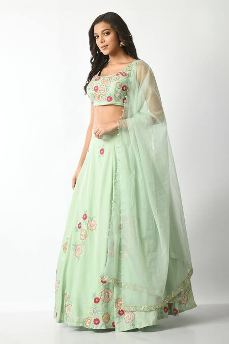 Salt And Spring Green Polyester, , Organza Embroidery, Sequins Square Hand Lehenga Set Online at Aza Fashions Salt And Spring_Green Polyester, , Organza Embroidery, Sequins Square Hand Lehenga Set _Online_at_Aza_Fashions