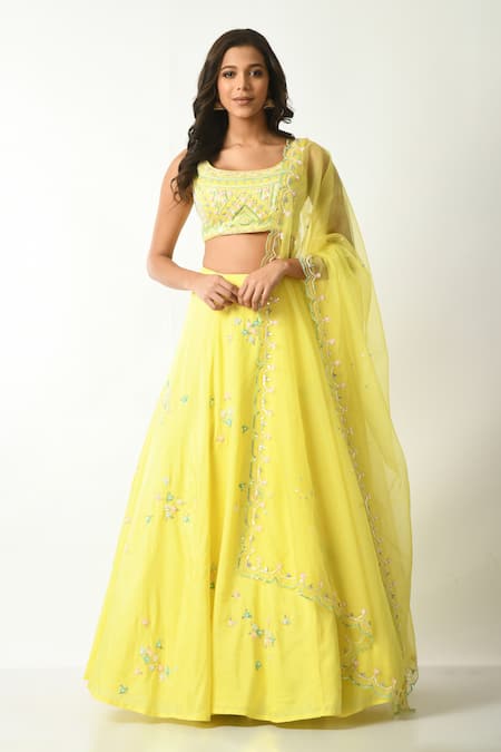 Salt and Spring Yellow Crepe Hand Embroidery Floral Scoop Neck Lehenga Set 