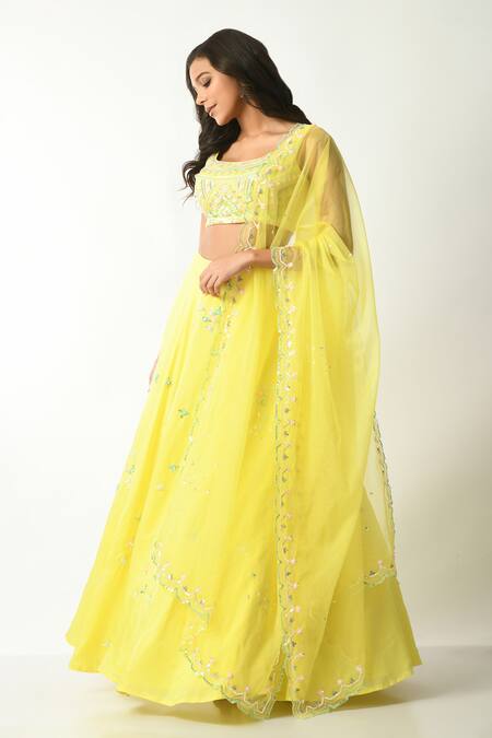 Salt And Spring Yellow Organza, Polyester, Crepe Embroidery, Sequins Floral Hand Lehenga Set Online at Aza Fashions Salt And Spring_Yellow Organza, Polyester, Crepe Embroidery, Sequins Floral Hand Lehenga Set _Online_at_Aza_Fashions