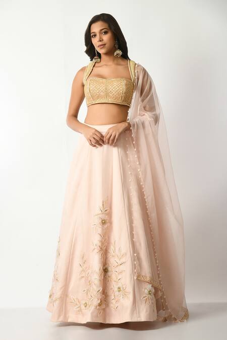 Salt And Spring Gold Organza, Polyester Sequins, Embroidery, Floral Applique Pink Lehenga Set Online at Aza Fashions Salt And Spring_Gold Organza, Polyester Sequins, Embroidery, Floral Applique Pink Lehenga Set _Online_at_Aza_Fashions