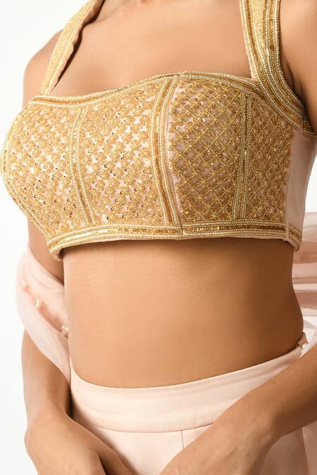 Salt And Spring Gold Organza, Polyester Sequins, Embroidery, Floral Applique Pink Lehenga Set at Aza Fashions Salt And Spring_Gold Organza, Polyester Sequins, Embroidery, Floral Applique Pink Lehenga Set _at_Aza_Fashions