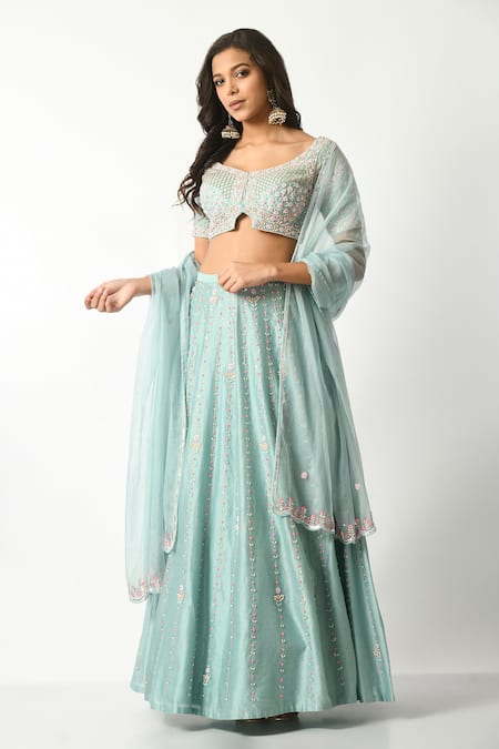 Salt and Spring Blue Chanderi And Organza Embroidery Floral Paan Neck Flower Lehenga Set 