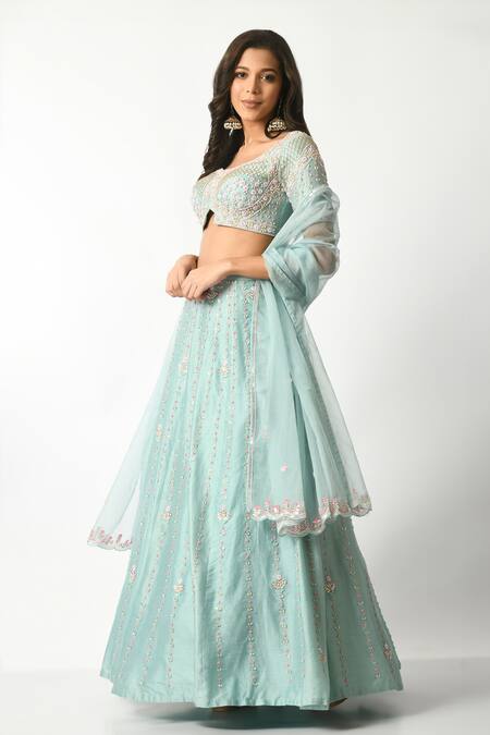 Salt And Spring_Blue Chanderi, Organza Embroidery, Sequins, Beads Polo Flower Hand Lehenga Set _Online_at_Aza_Fashions