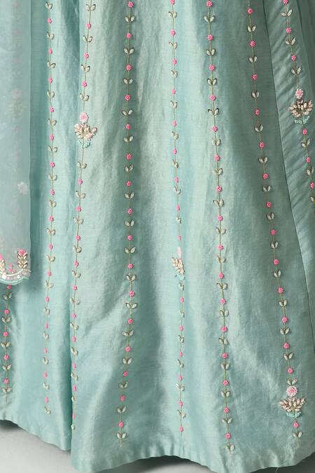 Buy_Salt And Spring_Blue Chanderi, Organza Embroidery, Sequins, Beads Polo Flower Hand Lehenga Set _Online_at_Aza_Fashions
