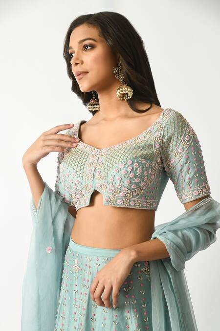 Salt And Spring_Blue Chanderi, Organza Embroidery, Sequins, Beads Polo Flower Hand Lehenga Set _at_Aza_Fashions