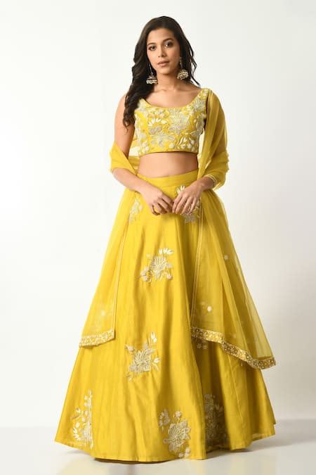 Salt and Spring Yellow Chanderi And Organza Embroidery Floral Scoop Neck Lehenga Set 