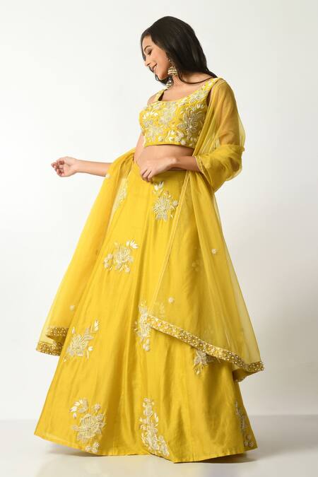 Salt And Spring_Yellow Chanderi, Organza Embroidery, Sequins, Beads Scoop Floral Lehenga Set _Online_at_Aza_Fashions