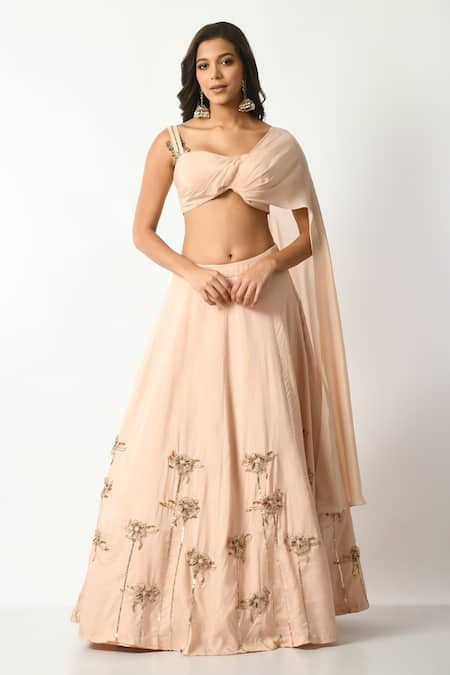 Salt and Spring Pink Habutai Silk Embroidery Floral Asymmetric 3d Lehenga With Draped Blouse 