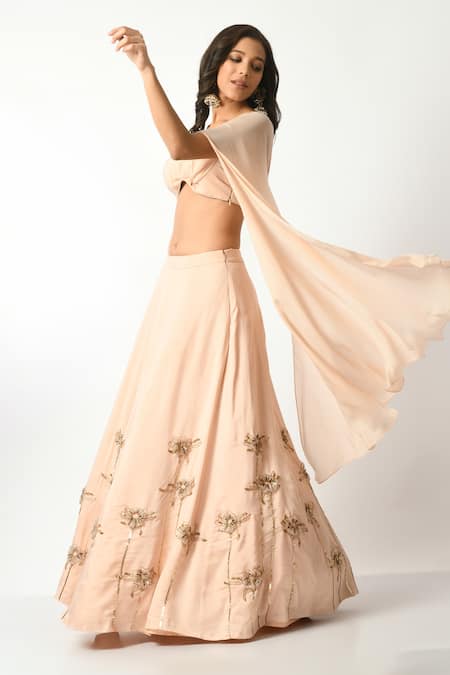 Buy_Salt And Spring_Pink Hemp, Polyester, Silk Sequins, 3d Embroidered Lehenga With Draped Blouse _Online_at_Aza_Fashions