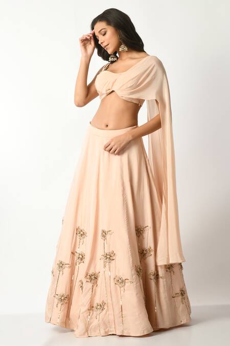 Buy_Salt And Spring_Pink Hemp, Polyester, Silk Sequins, 3d Embroidered Lehenga With Draped Blouse 