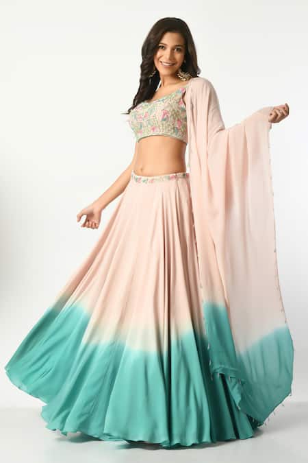 Salt And Spring_Pink Crepe, Polyester, Chiffon, Ombre Lehenga And Hand Embellished Blouse Set _Online_at_Aza_Fashions